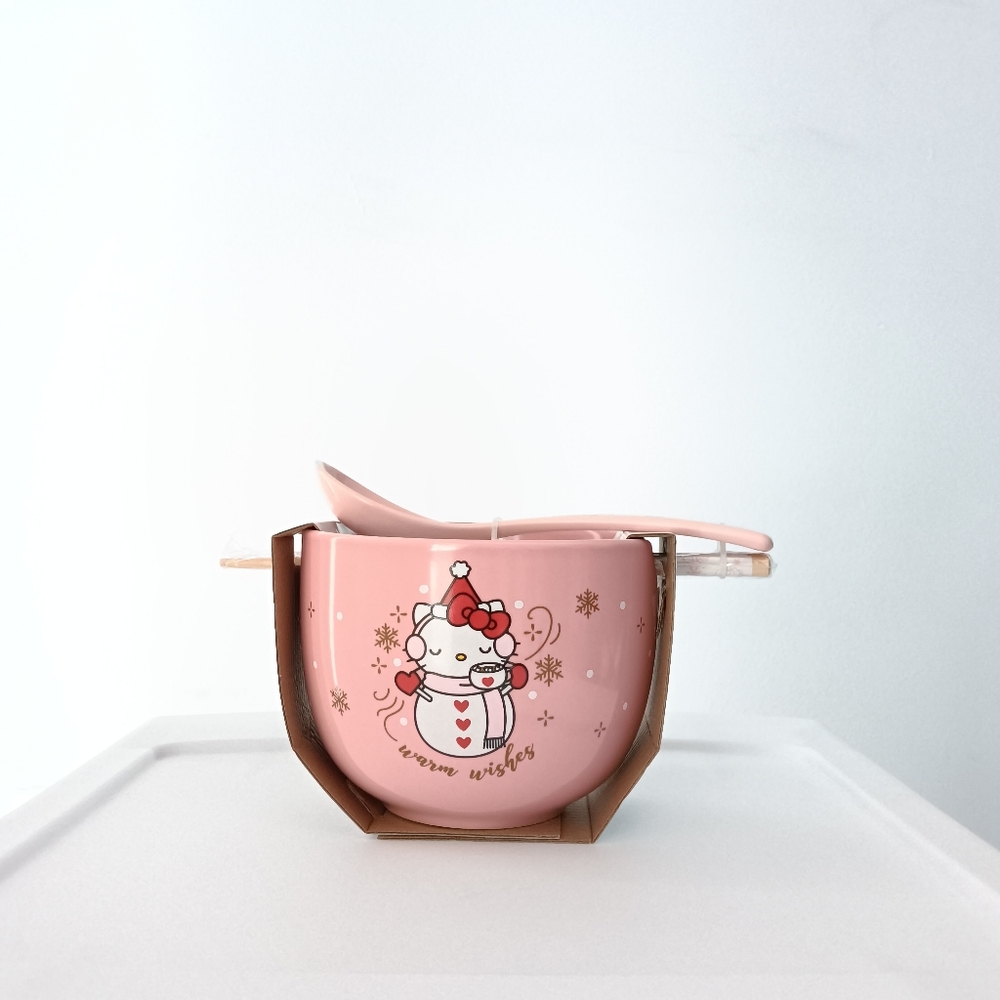 New Hello Kitty Ceramic Bowl Chopsticks Spoon 20oz Warm Wishes Freezer Safe Pink